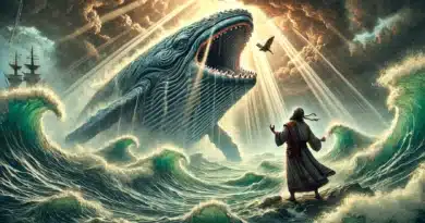 Ilustrácia biblického príbehu Jonáša a veľryby, zobrazuje Jonáša v starovekom stredovýchodnom oblečení stojaceho na pobreží pred obrovskou veľrybou, ktorá vystupuje z búrlivého mora.