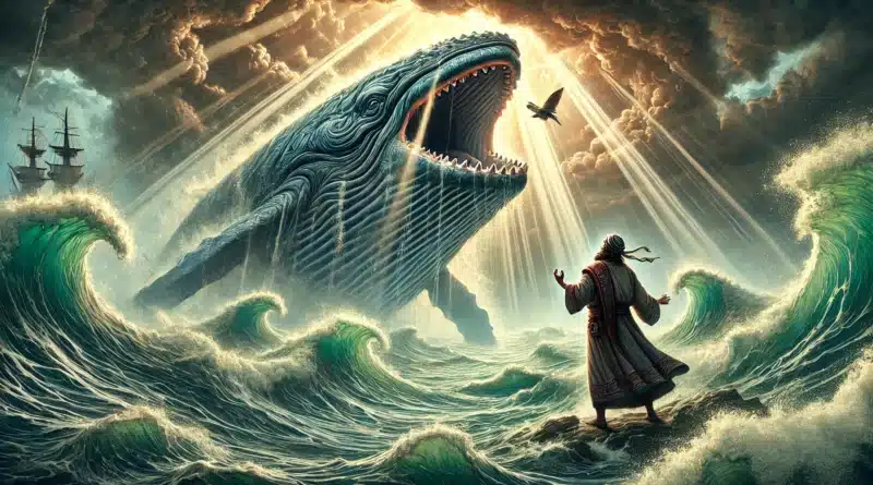 Ilustrácia biblického príbehu Jonáša a veľryby, zobrazuje Jonáša v starovekom stredovýchodnom oblečení stojaceho na pobreží pred obrovskou veľrybou, ktorá vystupuje z búrlivého mora.