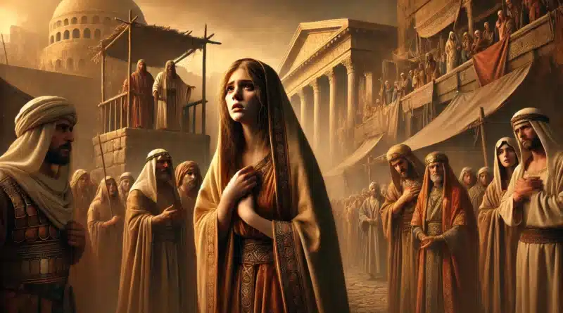 Ilustrácia biblického príbehu poníženia Diny, dcéry Jakoba, zobrazuje Dinu stojacu v meste, obklopenú znepokojenými ľuďmi, ktorí sedia a pozorujú jej osud v starovekom stredovýchodnom meste.