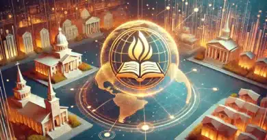 Symbol adventistickej viery – otvorená Biblia s plameňom uprostred digitálne prepojeného sveta s kostolmi.