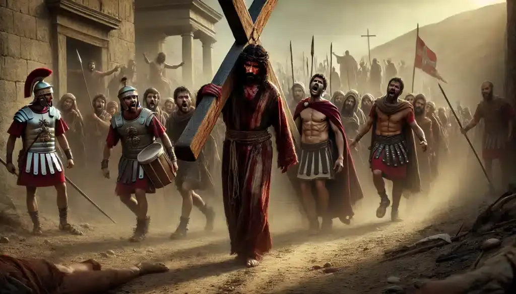 Ježiš nesie kríž na Golgotu, obklopený rímskymi vojakmi a posmievajúcim sa davom.