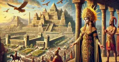 Impozantná scenéria starovekého Babylonu so svojou veľkolepou architektúrou, zahŕňajúcou Visuté záhrady, vežovité zigguraty a rušné ulice plné ľudí. Na prednom pláne je kráľovná v majestátnom odeve, ktorá symbolizuje silu a vplyv tejto historickej civilizácie.