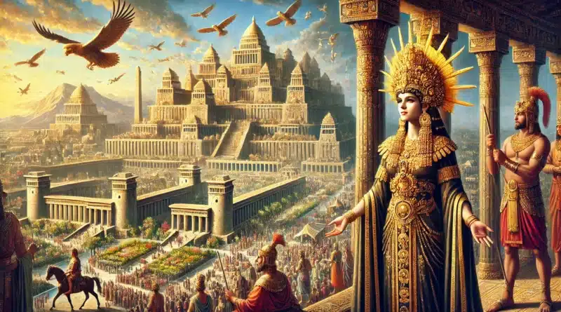 Impozantná scenéria starovekého Babylonu so svojou veľkolepou architektúrou, zahŕňajúcou Visuté záhrady, vežovité zigguraty a rušné ulice plné ľudí. Na prednom pláne je kráľovná v majestátnom odeve, ktorá symbolizuje silu a vplyv tejto historickej civilizácie.