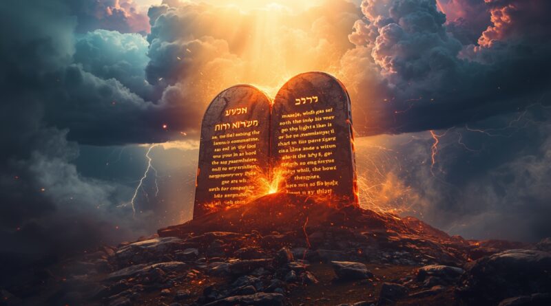 Kamenné dosky Desatora s hebrejským písmom symbolizujúce Boží zákon a podstatu Dekalógu v dramatickej svetelnej scéne.