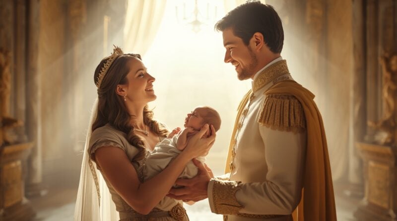 Kráľovský pár držiaci novonarodené dieťa ako symbol znovuzrodenia a nového života v Kristovi.