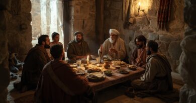 Židovská rodina a učitelia pri spoločnom stole počas biblického sviatku ilustrujú výročné Hospodinove slávnosti ako duchovné predobrazy Božieho plánu spásy