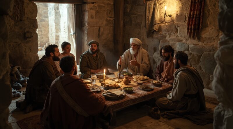 Židovská rodina a učitelia pri spoločnom stole počas biblického sviatku ilustrujú výročné Hospodinove slávnosti ako duchovné predobrazy Božieho plánu spásy