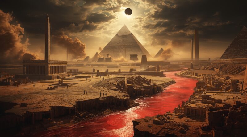 Apokalyptická krajina pripomínajúca Egypt s krvavou riekou ako symbol posledných rán, Božieho súdu a udalostí doby konca opísaných v knihe Zjavenie