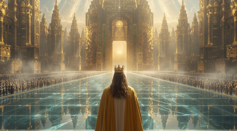 Nový Jeruzalem zostupujúci z neba ako Božie večné mesto, symbol obnovy, Božej prítomnosti a nového stvorenia podľa knihy Zjavenie