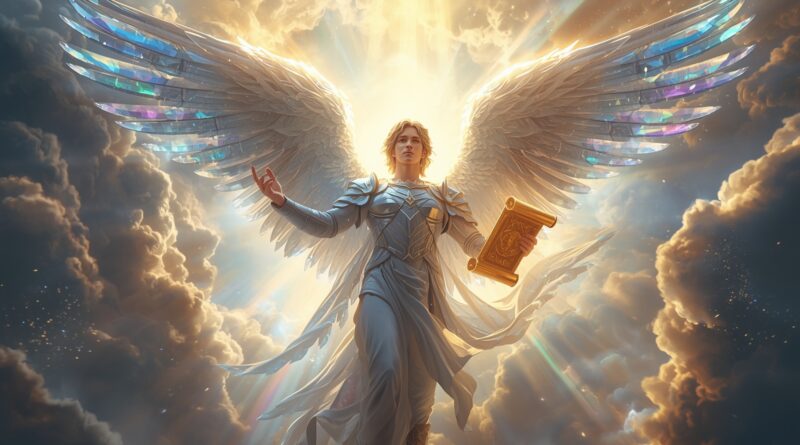 Mocný anjel zostupujúci z neba s otvorenou knihou ako symbol Božieho posolstva a udalostí opísaných v desiatej kapitole Zjavenia
