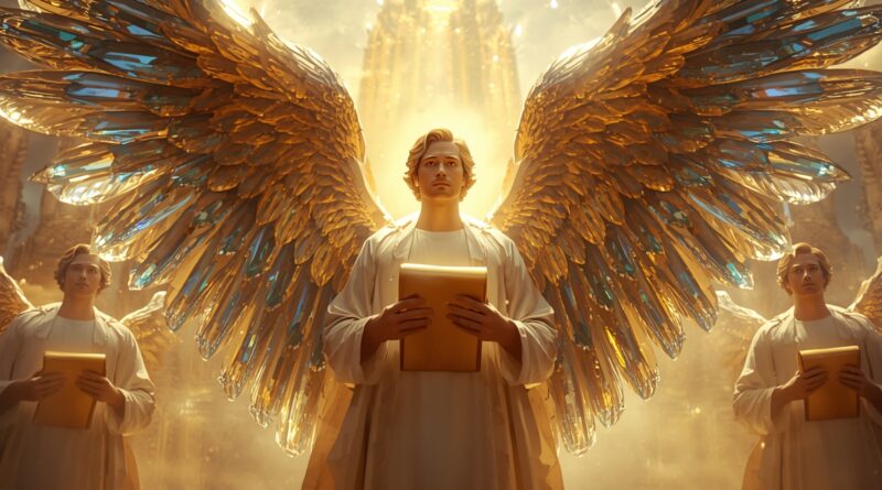 Letiaci anjeli s knihami ako symbol nebeského posolstva, víťazstva Božieho ľudu a radostného spevu o spáse