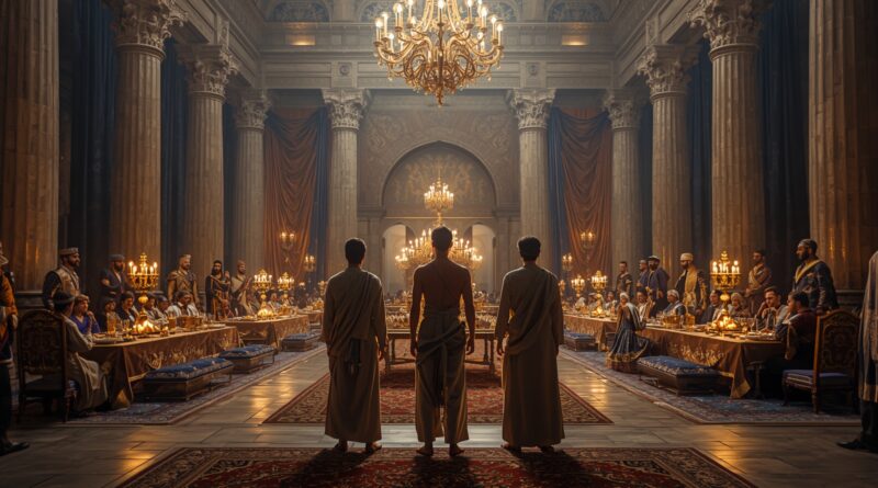 Babylonský kráľovský dvor s mladíkmi z Judska predvedenými pred Nebúkadnecara ako obraz začiatku babylonského zajatia podľa Daniela 1