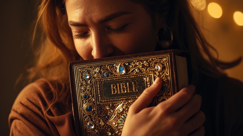 Žena objíma Bibliu, symbolizujúcu úplnú odovzdanosť Bohu a duchovnú obnovu