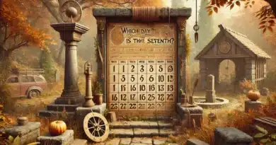 Starobylý kalendár na pergamenovom pozadí v prírodnom prostredí, s otázkou "Which day is the seventh?" (Ktorý deň je siedmy?) v historickom štýle.