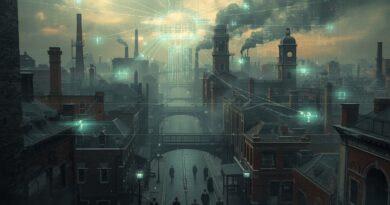 Historické mesto prekryté digitálnou sieťou symbolizujúcou premenu náboženstva pod globálnou kontrolou