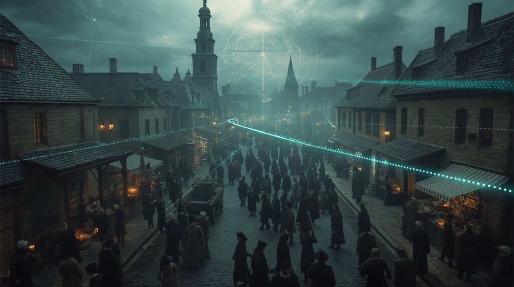 Mesto s davom ľudí pod digitálnou kontrolnou sieťou symbolizujúcou riadenú dĺžku života a eutanáziu