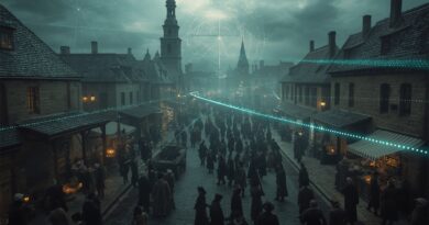 Mesto s davom ľudí pod digitálnou kontrolnou sieťou symbolizujúcou riadenú dĺžku života a eutanáziu