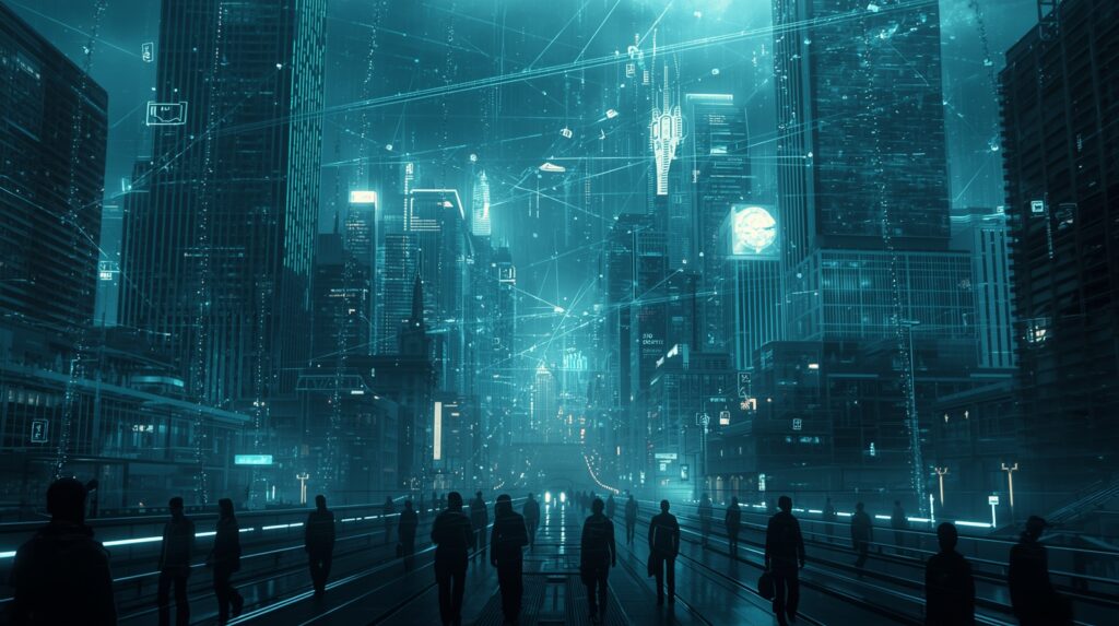 Digitálne futuristické mesto s dohľadovými sieťami a siluetami ľudí kráčajúcich pod systémom globálnej kontroly