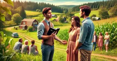Mladý kazateľ hlása evanjelium na vidieku, držiac Bibliu, pričom pár a skupina ľudí ho so záujmom počúvajú.