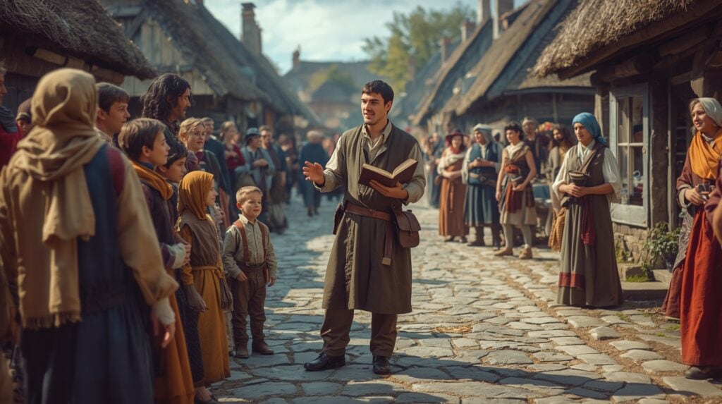 Kazateľ hlásajúci evanjelium medzi ľuďmi na ulici historického mesta symbolizujúci šírenie kresťanskej viery.