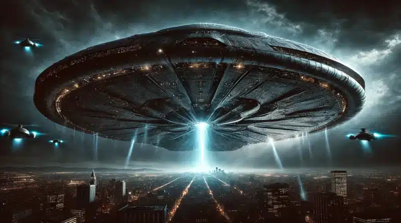 Obrovská mimozemská loď visí nad mestom, vysielajúc svetelný lúč na Zem, sprevádzaná menšími UFO plavidlami.
