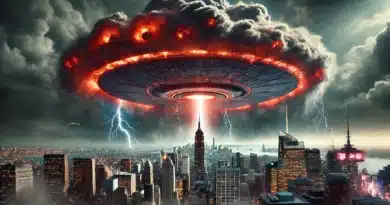 Obrovská UFO loď zahalená do ohnivých mrakov visí nad mestom, obklopená bleskami a temnou oblohou.
