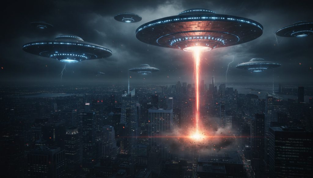 obrovské UFO lode nad mestom apokalyptická invázia mimozemšťanov a duchovný klam posledných dní