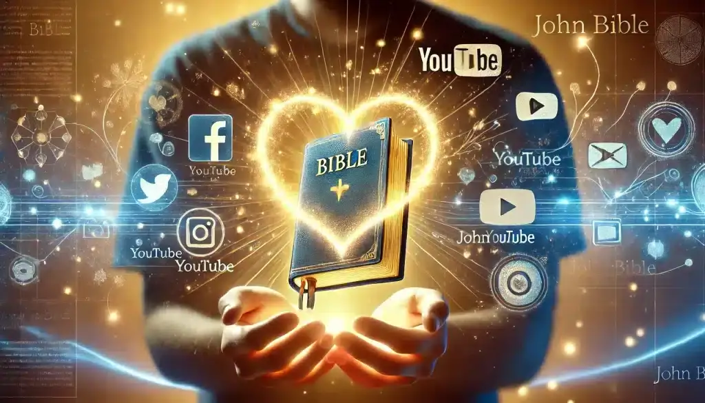 Umelecké zobrazenie Biblie obklopenej symbolmi sociálnych médií, ako Facebook, YouTube a Instagram, symbolizujúc podporný projekt evanjelizácie "John Bible" prostredníctvom moderných technológií.