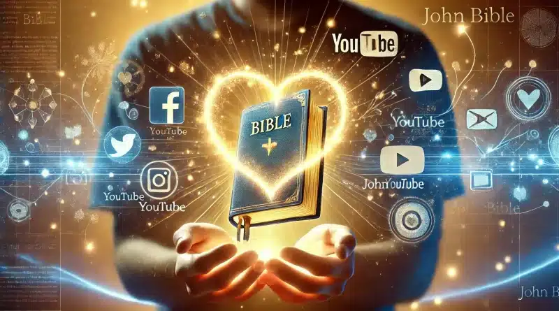 Umelecké zobrazenie Biblie obklopenej symbolmi sociálnych médií, ako Facebook, YouTube a Instagram, symbolizujúc podporný projekt evanjelizácie "John Bible" prostredníctvom moderných technológií.