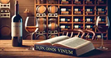 Otvorená kniha s nápisom "Jajin, Oinos, Vinum" na stole vedľa pohára vína a vínnej fľaše, v pozadí vinotéka.