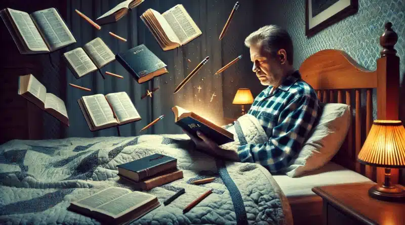 Muž ležiaci v posteli so zakrytým pokrývkou, čítajúci Bibliu, obklopený lietajúcimi knihami, ceruzkami, perami a malými predmetmi, symbolizujúci jeho duchovný prechod.
