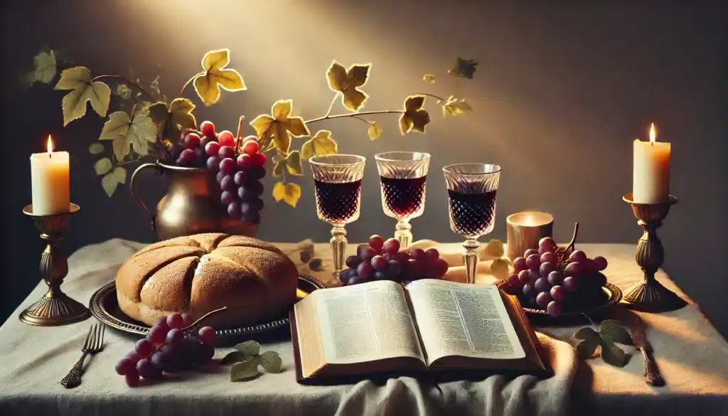 Stôl s otvorenou Bibliou, chlebom, hroznom, kalichmi vína a horiacimi sviecami, symbolizujúci Večeru Pánovu.