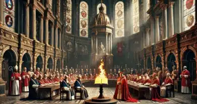 Scéna z Tridentského koncilu v nádhernej renesančnej sále, kde skupina kardinálov a biskupov sedí okolo horiacej Biblie, čo symbolizuje odsúdenie určitých verzií evanjelia.