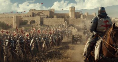 Križiacke vojsko pred opevneným mestom počas stredovekej výpravy s krížovými zástavami a ozbrojenými rytiermi