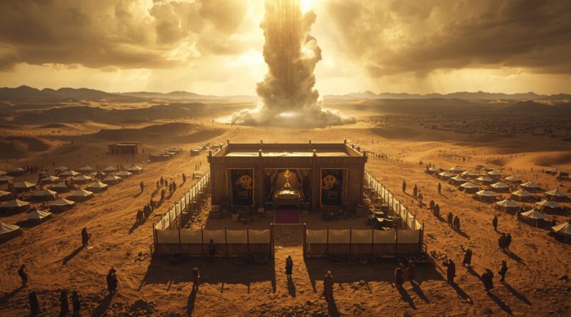 Biblický svätostánok na púšti obklopený izraelským táborom, archa zmluvy v stánku stretnutia a stĺp Božej slávy, symbol plánu spásy, zákona, obete a Božej prítomnosti medzi ľudom