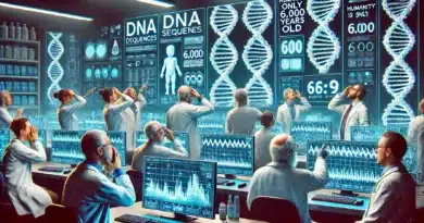 Vedci v laboratóriu, ktorí objavujú cez genetiku, že ľudstvo je staré len 6 000 rokov, zobrazené na obrazovkách s DNA sekvenciami.
