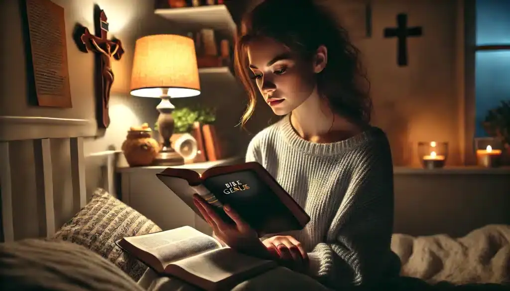 Mladá žena čítajúca Bibliu, konkrétne Knihu Genezis, v noci pri tlmenom svetle nočnej lampy.