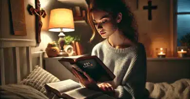 Mladá žena čítajúca Bibliu, konkrétne Knihu Genezis, v noci pri tlmenom svetle nočnej lampy.