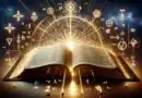 Vizualizácia matematických kódov v Biblii zobrazuje otvorenú Bibliu, z ktorej vychádzajú žiariace hebrejské a grécke písmená, matematické symboly a tajomné geometrické tvary.