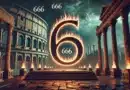 Ilustrácia čísla 666 ako okultného symbolu, navrhnutého s temnými a tajomnými prvkami, ako je žiariace ohnivé číslo obklopené zrúcaninami a symbolmi.