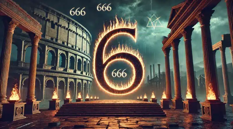 Ilustrácia čísla 666 ako okultného symbolu, navrhnutého s temnými a tajomnými prvkami, ako je žiariace ohnivé číslo obklopené zrúcaninami a symbolmi.