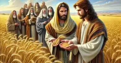 Detailná biblická scéna zobrazujúca Ježišových učeníkov držiacich zrná pšenice v rukách, symbolizujúca ich akt žatvy počas soboty.