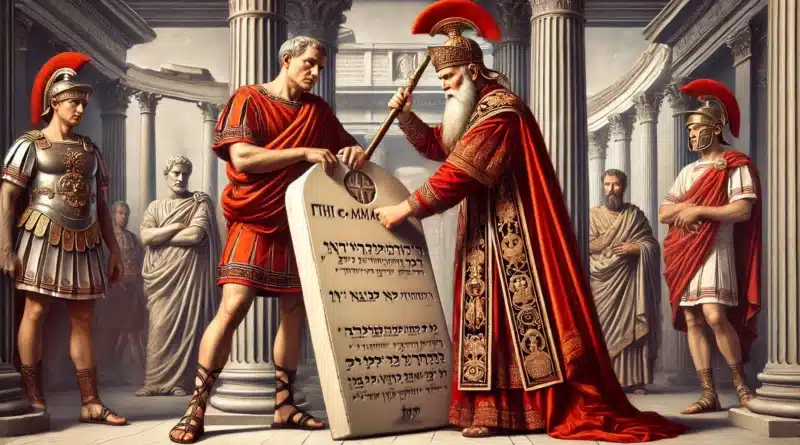 Umelecké zobrazenie pohanského Ríma, kde rímsky biskup vkladá klin do štvrtého prikázania Desatora, symbolizujúc historické zmeny v interpretácii Božích príkazov.