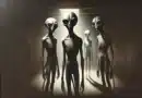 Štyri mimozemské postavy stojace v slabom svetle, so štíhlymi telami a predĺženými hlavami, symbolizujúce paranormálne zážitky spojené s UFO.