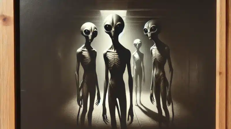 Štyri mimozemské postavy stojace v slabom svetle, so štíhlymi telami a predĺženými hlavami, symbolizujúce paranormálne zážitky spojené s UFO.