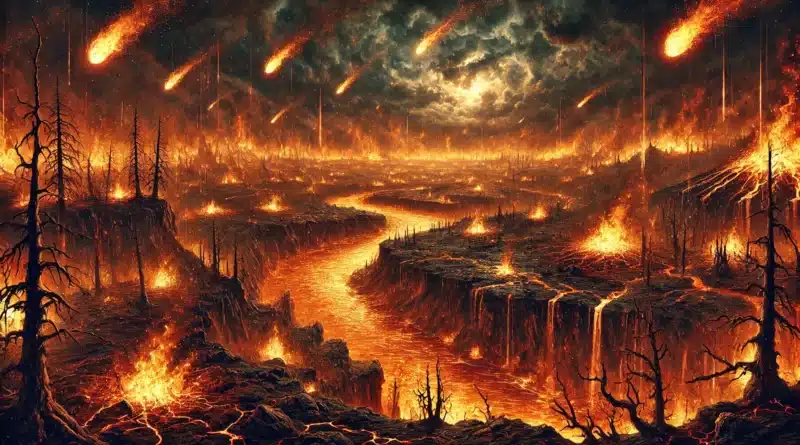 Ohnivá krajina pekla s lávovými riekami, horiacimi krátermi a padajúcimi meteormi.