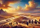 Izraeliti putujú púšťou pri hromadnom exode z Egypta smerom k zasľúbenej zemi, s pyramídami v pozadí.