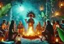 Skupina účastníkov sedí v kruhu okolo žiarivého ohňa v mystickom džungľovom prostredí počas ceremoniálu Ayahuasca, vedeného šamanom s tradičnou pokrývkou hlavy.