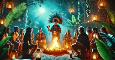 Skupina účastníkov sedí v kruhu okolo žiarivého ohňa v mystickom džungľovom prostredí počas ceremoniálu Ayahuasca, vedeného šamanom s tradičnou pokrývkou hlavy.
