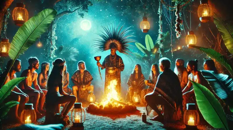 Skupina účastníkov sedí v kruhu okolo žiarivého ohňa v mystickom džungľovom prostredí počas ceremoniálu Ayahuasca, vedeného šamanom s tradičnou pokrývkou hlavy.